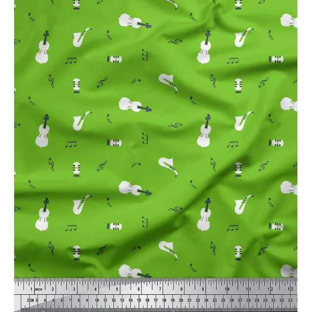 Soimoi Poly Georgette Fabric Notes,Guitar & Saxophones Musical Instrument Printed Fabric 1 Yard 52 Inch Wide
