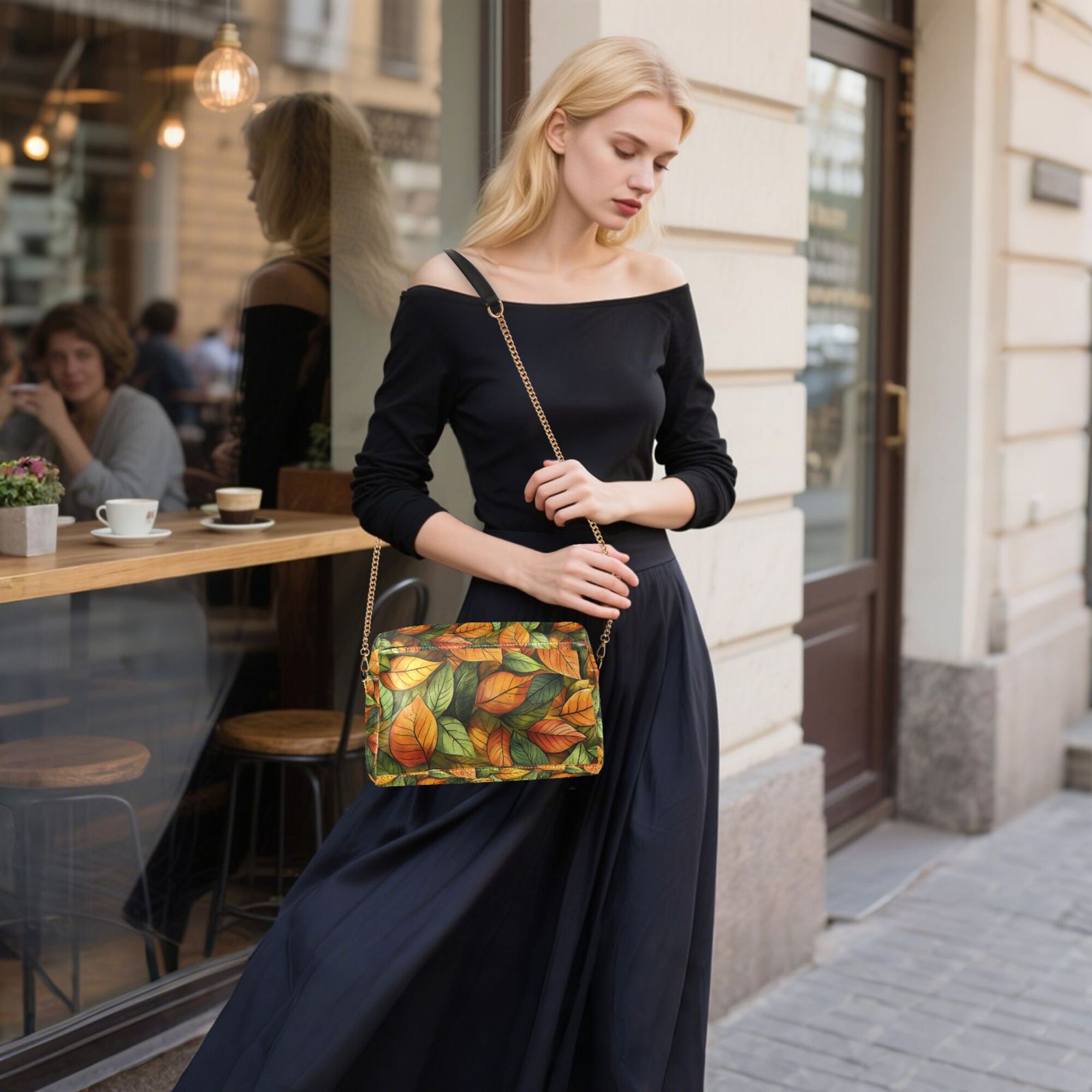 FORMRS Women Crossbody Purse with Chain Strap Vegan Leather Shoulder Handbag, Green Retro Leaves