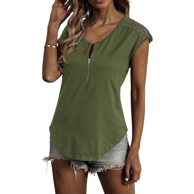VISgogo, camiseta informal de manga corta para mujer, camisetas ajustadas de cuello redondo con cremallera y costuras de encaje de Color sólido a la moda VISgogo moda