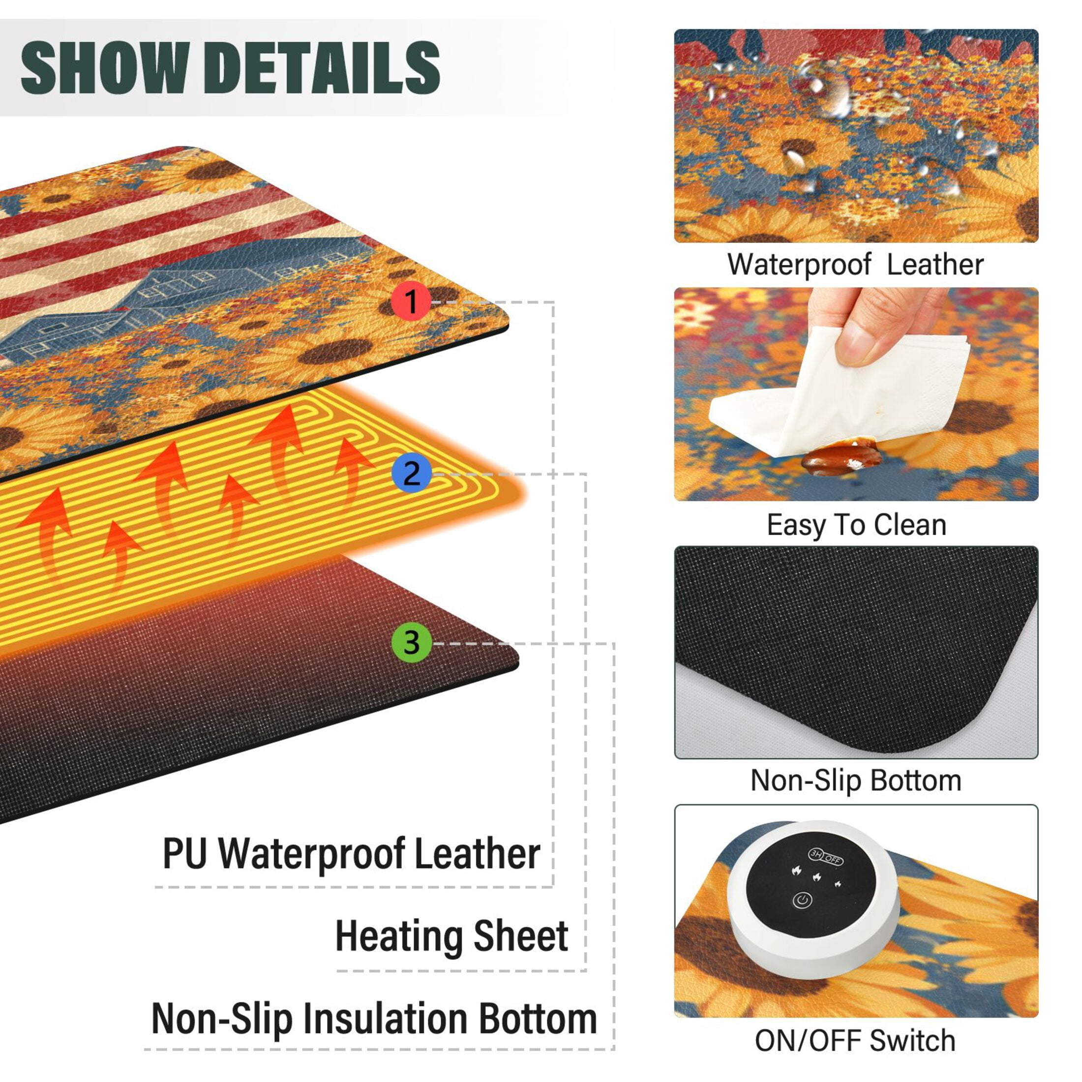 Large Heated Desk Mat Mouse Pad 31.5"x13"PU Leather Graphene Heating Desk Warmer with 3 Temperature Settings 110V US Plug Non-Slip Warm Pad for Home, Office, and Gaming American Folk Art Painting
