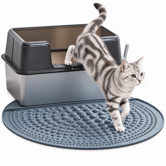 Petpals Air Bubble Cat Paw Scrub Litter Mat,32" Round Cat Litter Trapping Mat, for Double Litter Boxes, Grey