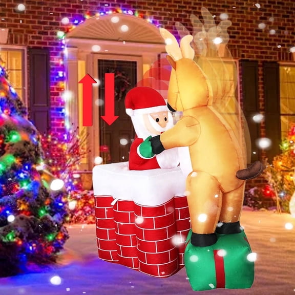 KINQUINN 5 ft Christmas Inflatable Reindeer & Chimney Figure With Built-in LED Lights, Blow-up Holiday Yard Decor For Garden Lawn Xmas Party