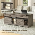 thumbnail image 4 of 47" Farmhouse Coffee Table with Storage and 2 Drawers, Large Rustic Center Table with Sliding Barn Doors & Open Compartments, Wooden Coffee Table for Living Room, Greige, 4 of 16