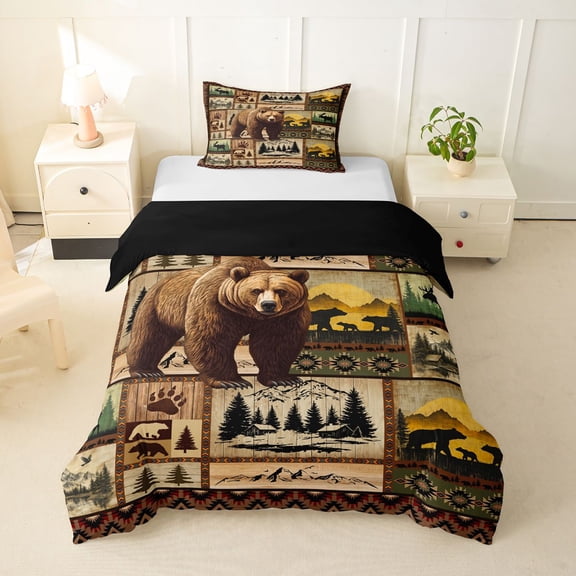 Erosebridal Animal Bears Deers Twin Bedding For Boys Girls,Woodland Wildlife Geometric Grid Duvet Cover Set For Teens,Black Reversible,2pcs,No Comforter