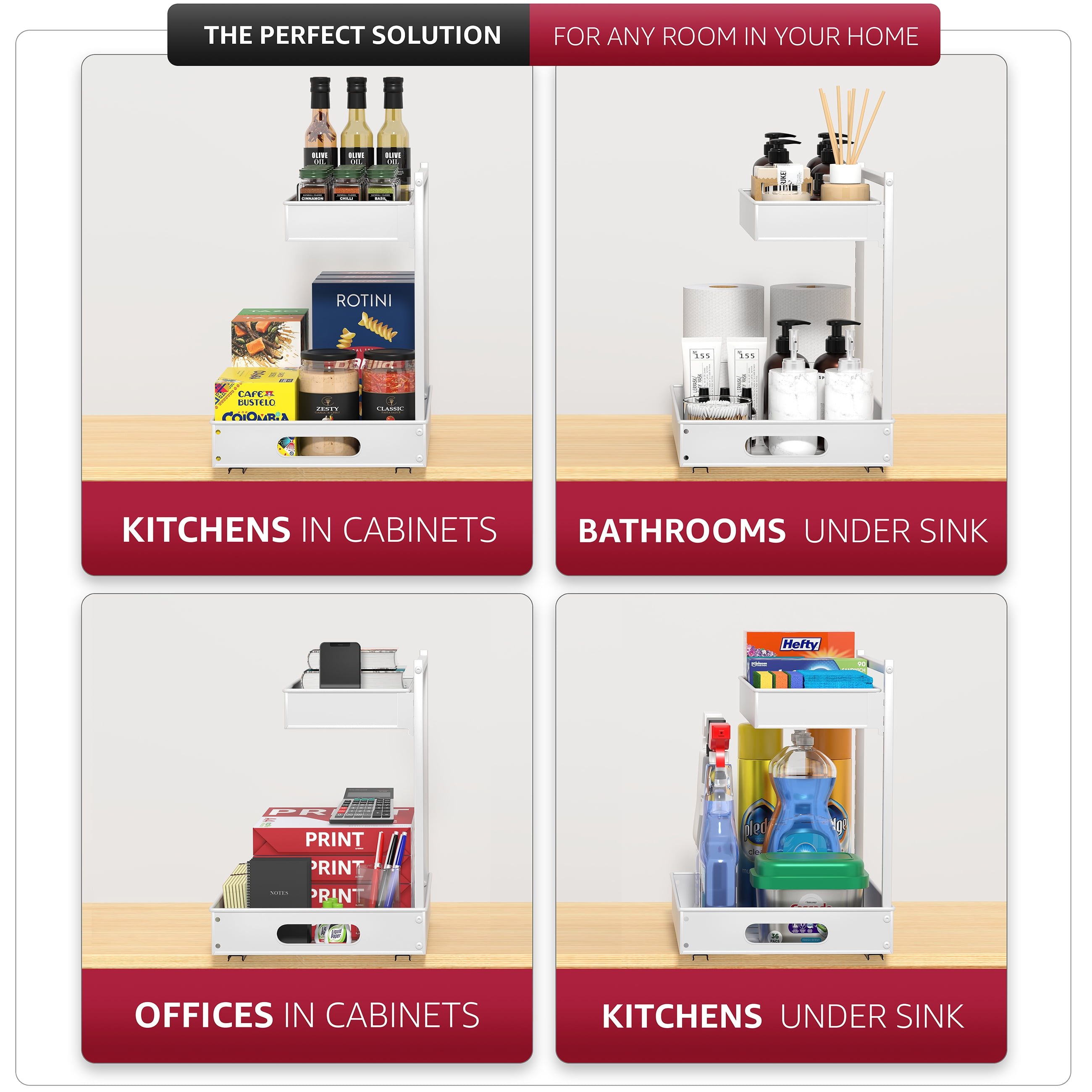 Sorbus 2-Tier Under Sink Organizer with Sliding Drawers, No-Drill Storage Rack (White)