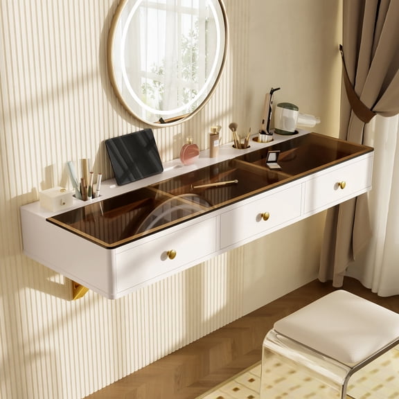 47" Floating Shelf with Drawer, Wall-Mounted Vanity Table or Desk, White & Gold Storage for Bedroom, Bathroom, Hairdressers