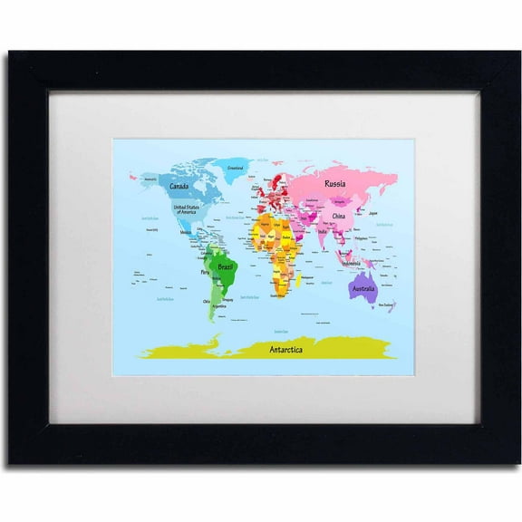 Trademark Fine Art "World Map for Kids" Canvas Art by Michael Tompsett, White Matte, Black Frame