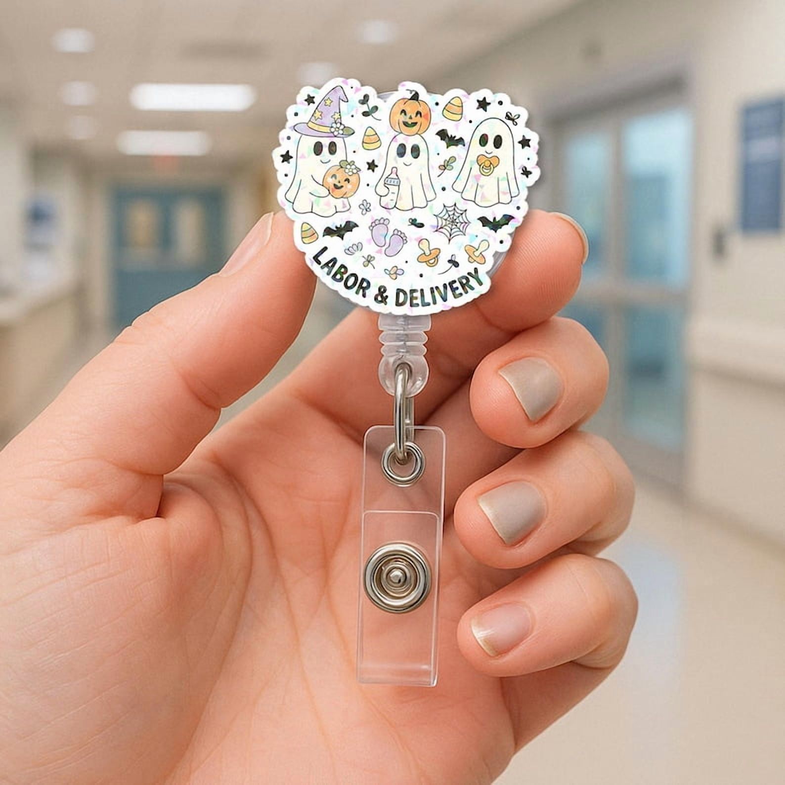 TiniDecor Labor & Delivery Ghost Badge Reel, Retractable Acrylic ID Holder, Cute Halloween Nurse Accessory