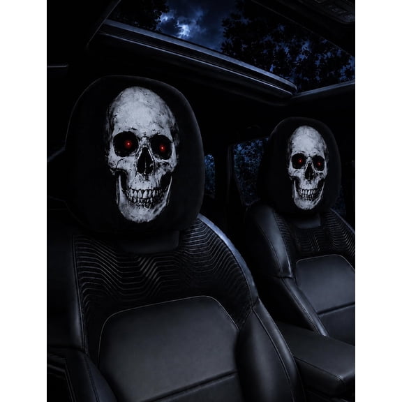 2 Pack Car Seat Headrest Covers, White Skull with Red Eyes Graphic, Polyester Universal Vehicle Headrest Covers, 10.2 x 11 Inch