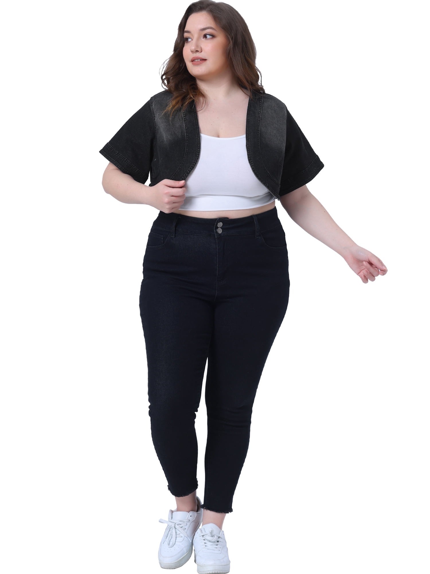 DARING DIVA Women's Plus Size Cardigan Short Crop Jean Jacket Shrug 3X Black