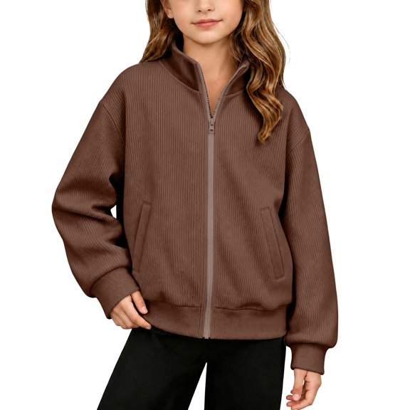 VIPOIN Kids Boys Girls Solid Color Zipper Stand Collar Coat Sports Large Size Casual Long Sleeve Corduroy Winter Jacket
