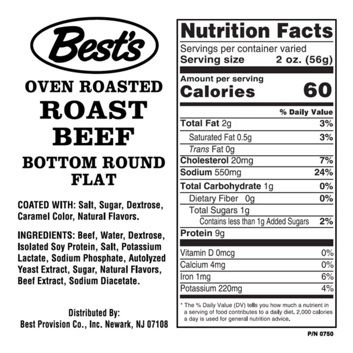 Best's Oven Roasted Bottom Round Flat Roast Beef, Deli Sliced (Plastic Bag), 2 OZ (56 g), 9g Protein Per Serving
