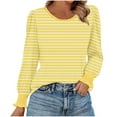 thumbnail image 2 of HOMBOM Womens Crew Neck T-Shirts Yellow Puff Sleeve Fall Tops Striped Long Sleeve for Women Relaxed Fit, 2 of 6