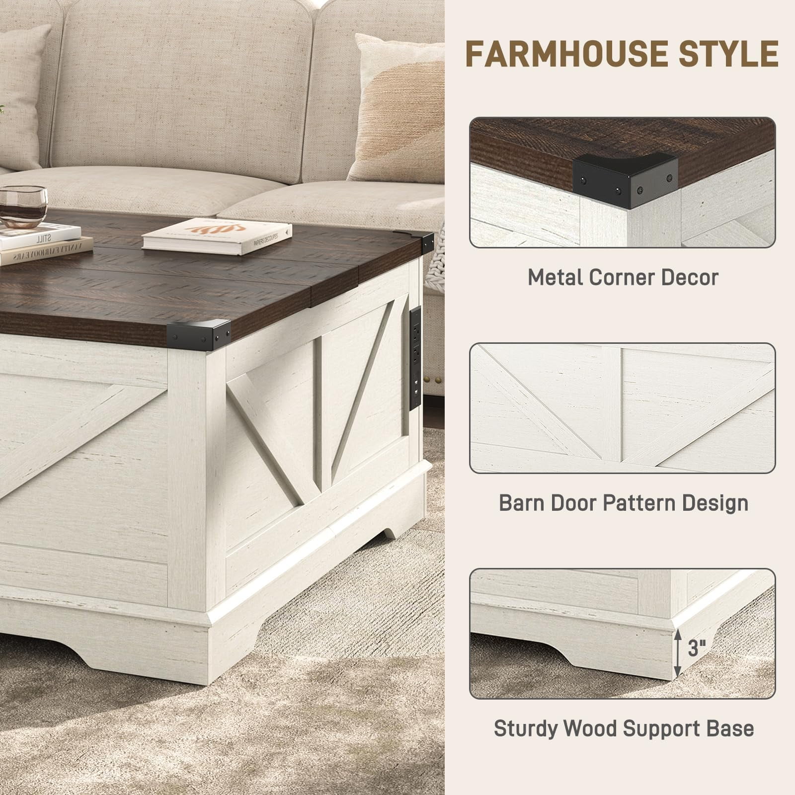 ChVans 40" Large Farmhouse Lift Top Coffee Table with Power Outlets, Square Wood Living Room Table with Large Hidden Storage, Multi-Function Lift Wooden Barn Door Center Table, Rustic White