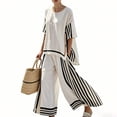 thumbnail image 4 of LEKWK Linen Sets for Women 2 Piece Casual Striped Crewneck Short Sleeve Tops and Wide Leg Palazzo Pants Summer Fashion Beach Vacation Resort Wear, 4 of 5