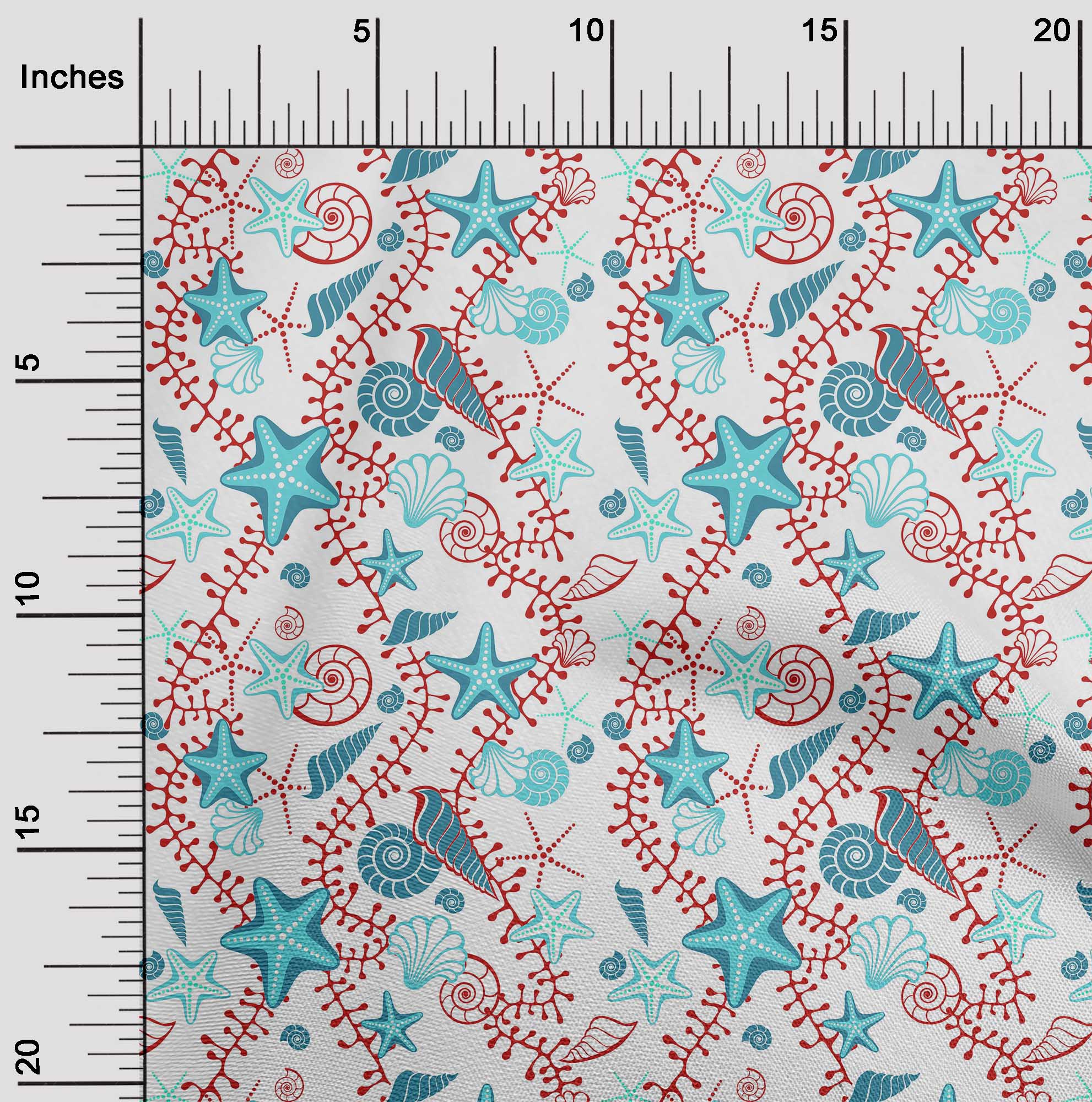 oneOone Cotton Cambric Dark Teal Green Fabric Beach Starfish &Shell Sewing Craft Projects Fabric Prints By Yard 42 Inch Wide