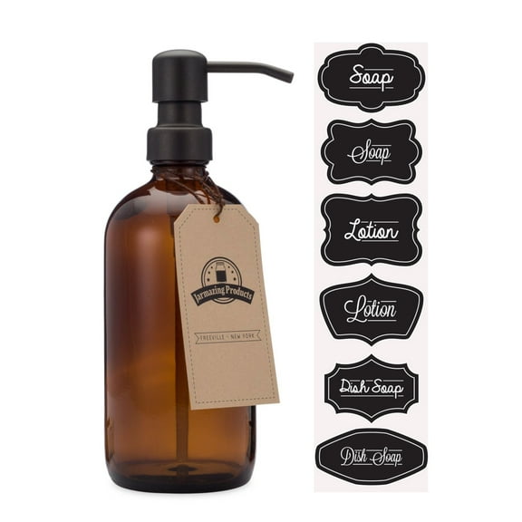 Amber Glass Jar Soap and Lotion Dispenser with Matte Black Pump - 16 oz