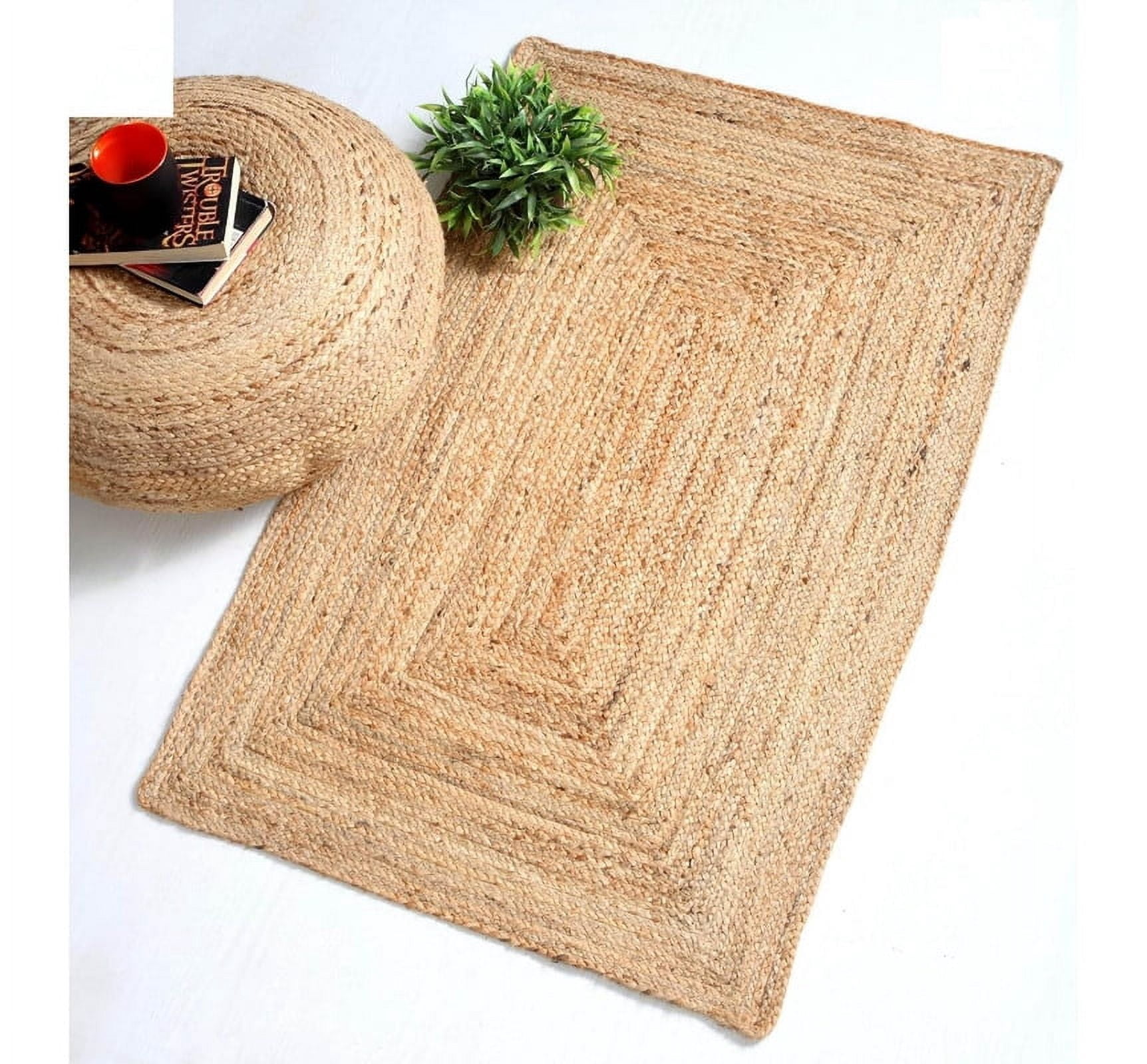 Handwoven Braided Jute Area Rug Rectangular Natural Reversible Farmhouse Carpet_7x10_Feet