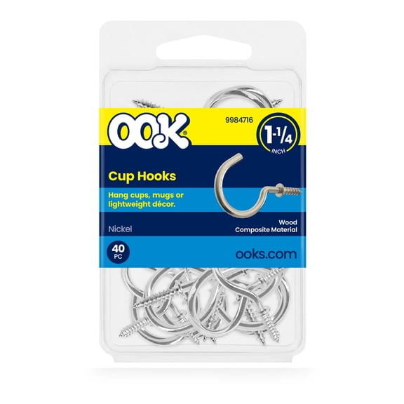 Ook Cup Hooks, 1-1/4", 1 lbs, Screw Hooks, Steel, Nickel, Silver, 40 pack