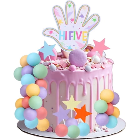 Macaron Theme Hi Five Birthday Cake Decorations 26Pieces - Pastel Ball Star Hand Dessert Picks 5th Birthday Cake Cupcake Toppers, 5 Year Old Birthday Party Supplies