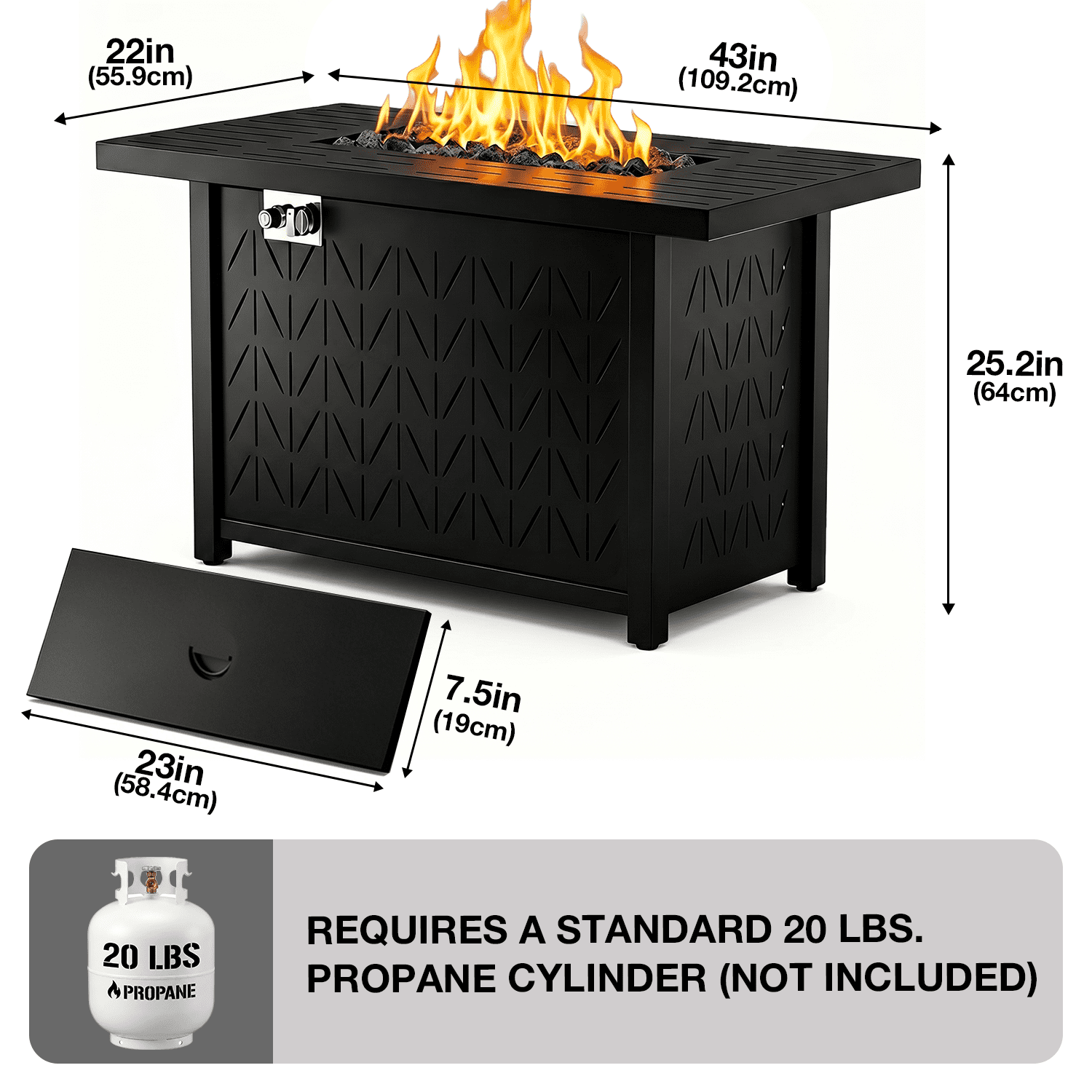 Vornel 43"Rectangular Propane Fire Pit Table,50000 BTU 2in1 Gas Firepit with Lid,Rain Cove,Glass Stones,Fire Table for Garden,Pool,Outdoor Party