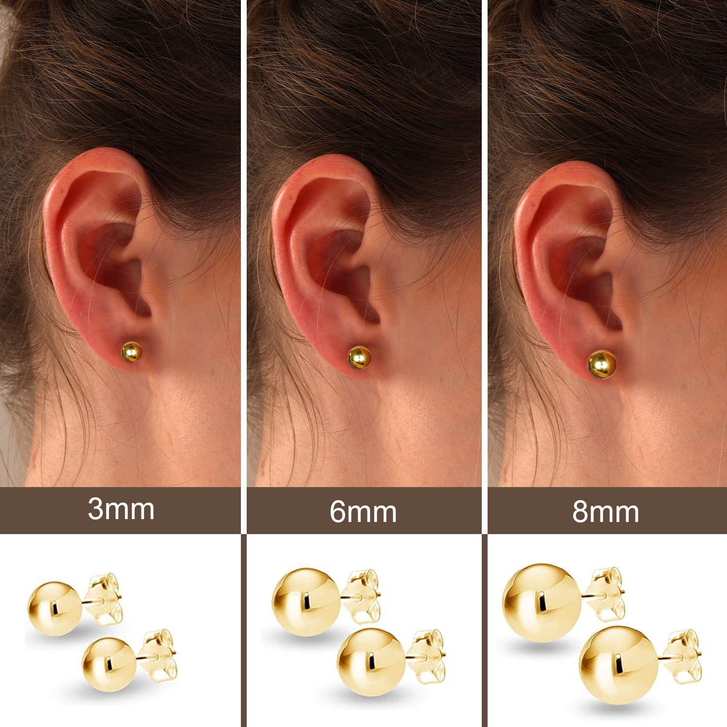 LeCalla 925 Sterling Silver Light-Weight 14K Micron Gold-Plated Classic Ball Post Stud Earrings for Women and Teen Set of 3 Pairs (3MM, 6MM, 8MM)