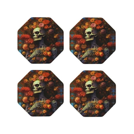 

Leather Coasters Set of 4 - Vintage Floral Skull Lightweight Non-Slip Drink Coasters for Desk Anti-Scalding Desk Cup Coasters for Office Table Decor Octagon