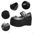 thumbnail image 4 of Womens Platform Chunky Mary Janes Dress Shoes Black Leather Vintage 2 Buckle Straps Height Increasing Heel Ballet Flats, 4 of 7