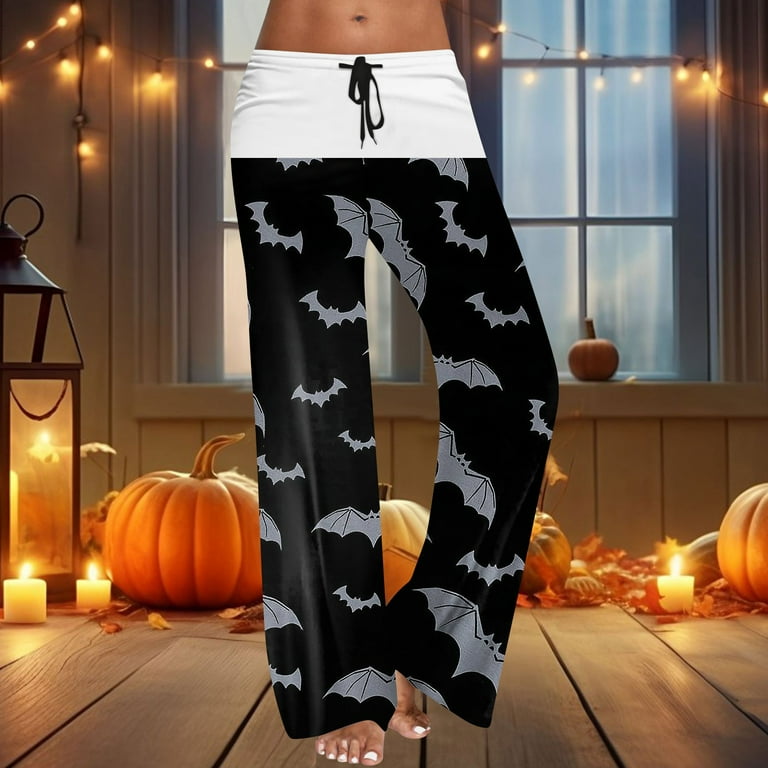 DENGDENG Halloween Pajama Pants Women Plus Size Plus Size Wide Leg High Waisted Pajamas Yoga Halloween Pumpkin Bats Print Drawstring Joggers Pants Lightweight Sleepwear Bottoms Lounge Pants Black M Wa...