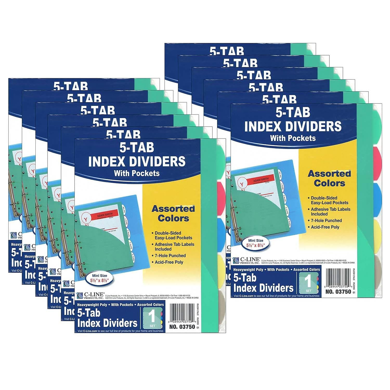 Mini Size 5-Tab Poly Index Dividers with Pockets 3 Packs 15 total sets 