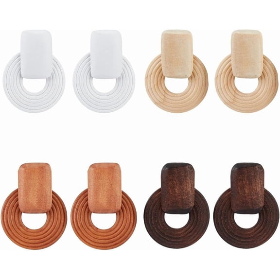 4 Pairs Natural Wood Earrings Geometric Wooden Drop Earrings Retro Wood Dangle Earrings Hollow Round Earrings for Women(Antique White Coffee Camel White)