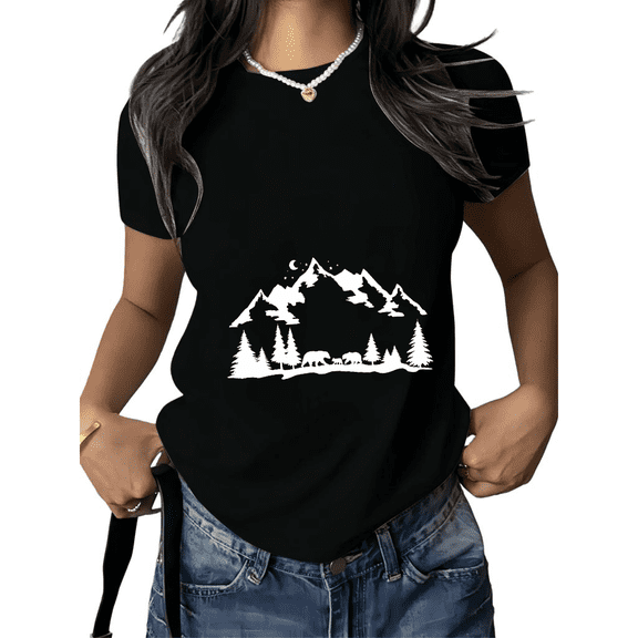 Cozymy Women's Mountain Bear Family Graphic Short Sleeve T-Shirt Casual Crewneck Top