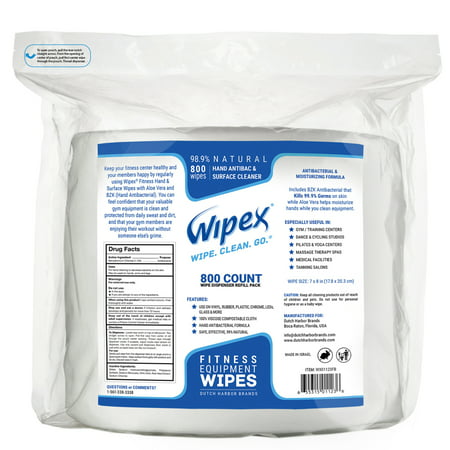 Wipex Gym & Fitness Cleaning Wipes for Hand & Surfaces, 800 Count Dispenser Refill Pack with BZK - Hand Antibacterial, 1 Refill