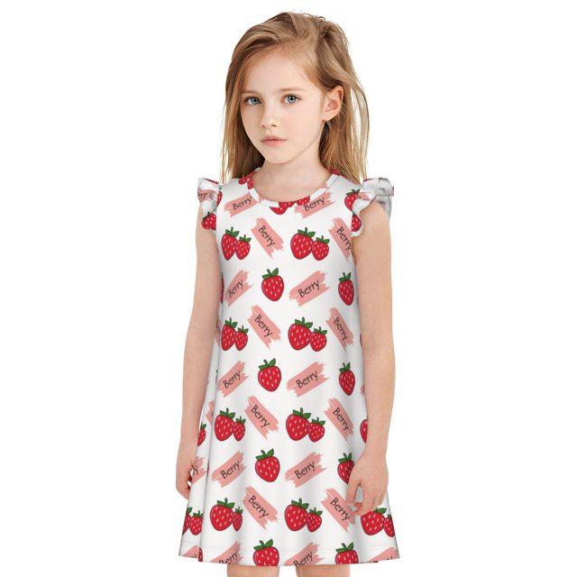 Balery Strawberry Camisón de princesa para niñas, pijama de algodón con mangas abullonadas, suave y bonito.-X-Large