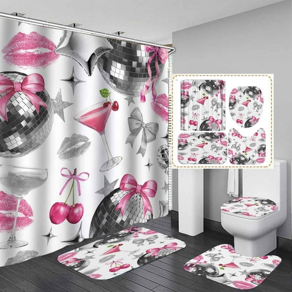 4PCS White Marble Fashion Shower Curtain Sets with Rugs, Waterproof Fabric Shower Curtain, Pink Rose Floral Perfume Lipstick Makeup High Heels Magazine Modern Girly Girls Women Bathroom Decor