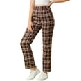 thumbnail image 5 of MODA NOVA Junior Plaid Elastic Waist Button Zipper Straight Leg Long Pants Red Brown S, 5 of 6