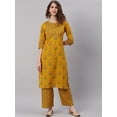 thumbnail image 1 of Janasya Indian Round Neck 3/4 Sleeve Floral Print Mustard Cotton Kurta With Palazzo For Women, 1 of 8