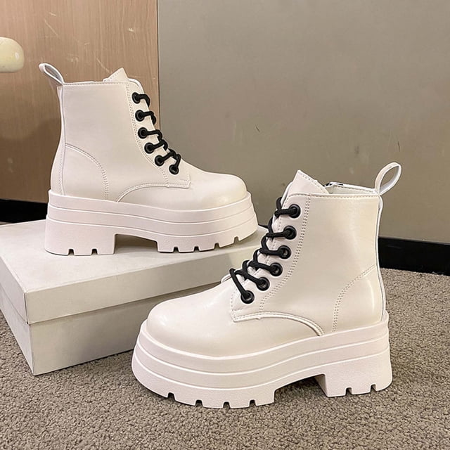 EGNMCR Bottines Compensées pour Femmes Bottines en Cuir Surdimensionnées pour Femmes Semelle Plateforme Bout Rond Lacets Bottines Chaussures pour Femmes