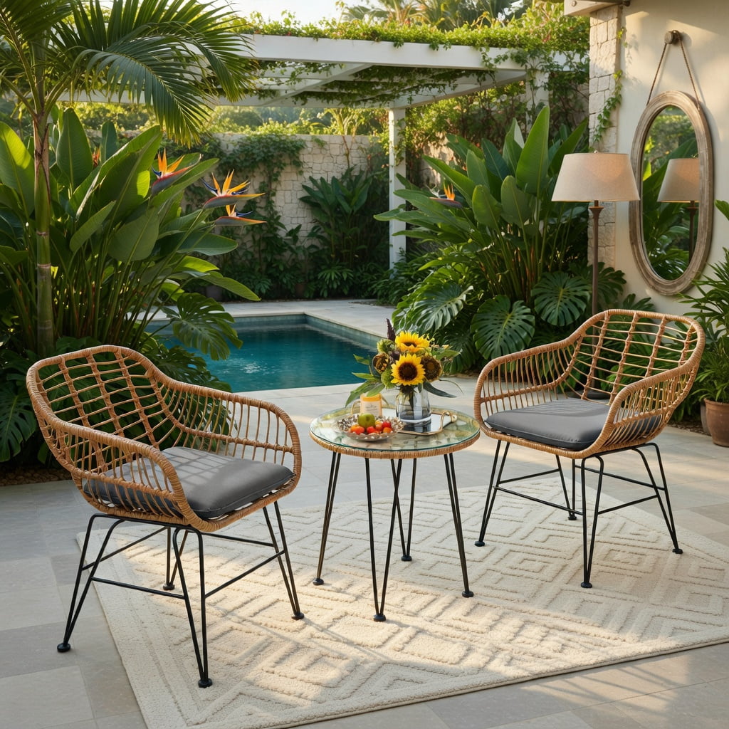 Hommoo 3-Piece Outdoor Rattan Patio Furniture Set, 2 Armchairs + Coffee Table with Removable Cushions, Tempered Glass Top, Weather-Resistant Wicker & Steel Frame, Gray