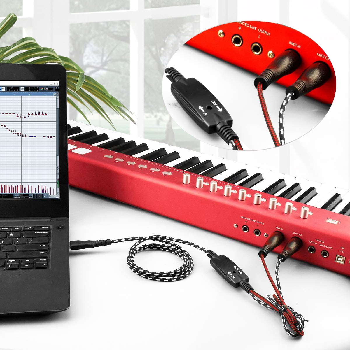 EBXYA MIDI to USB Cable 2m Braided USB MIDI Interface Cable with Dual-Section Design & USB-A to Type-C Adapter for Keyboard, Digital Piano, Music Production & Computer Recording