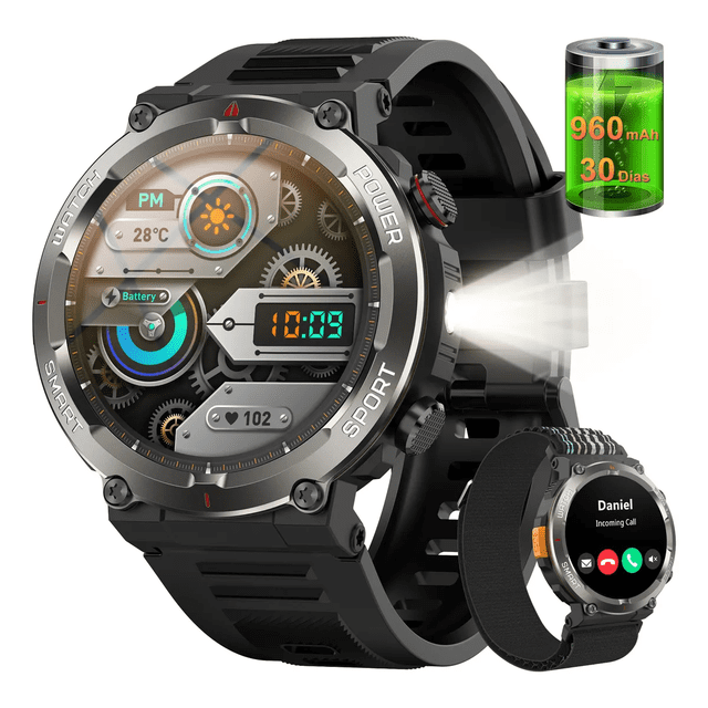 Smartwatch Reloj Inteligente Iowodo W50pro 960mAh Batería De Larga Luz Led Brújula Tactico Deportivos Llamadas Xtellar negro