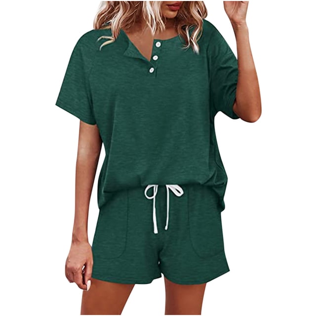 ICHUANYI Clearance Fashion Women Casual Solid Short Sleeve Button Tops Nightwear Shorts Sleepwear Sets(Green, S) ICHUANYI WER2023080804913