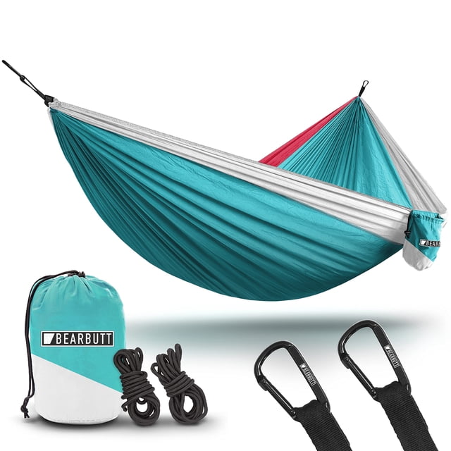 Hamaca de camping con forma de oso, doble paracaídas, azul celeste/rosa/blanco