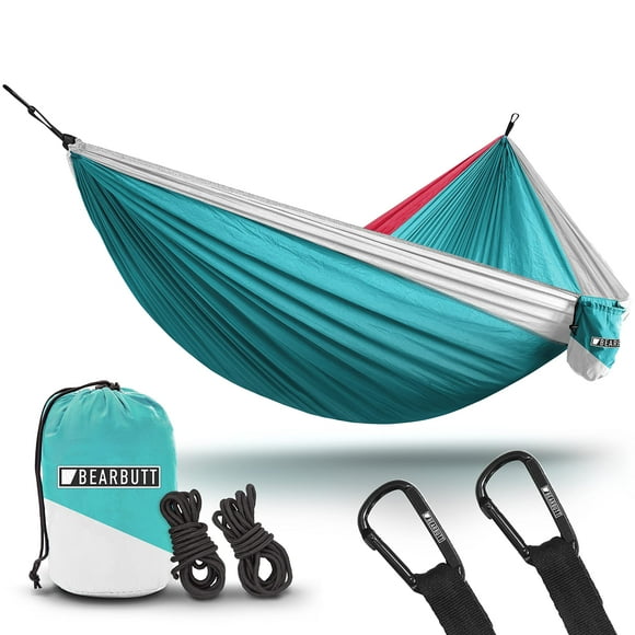 Hamaca de camping con forma de oso, doble paracaídas, azul celeste/rosa/blanco