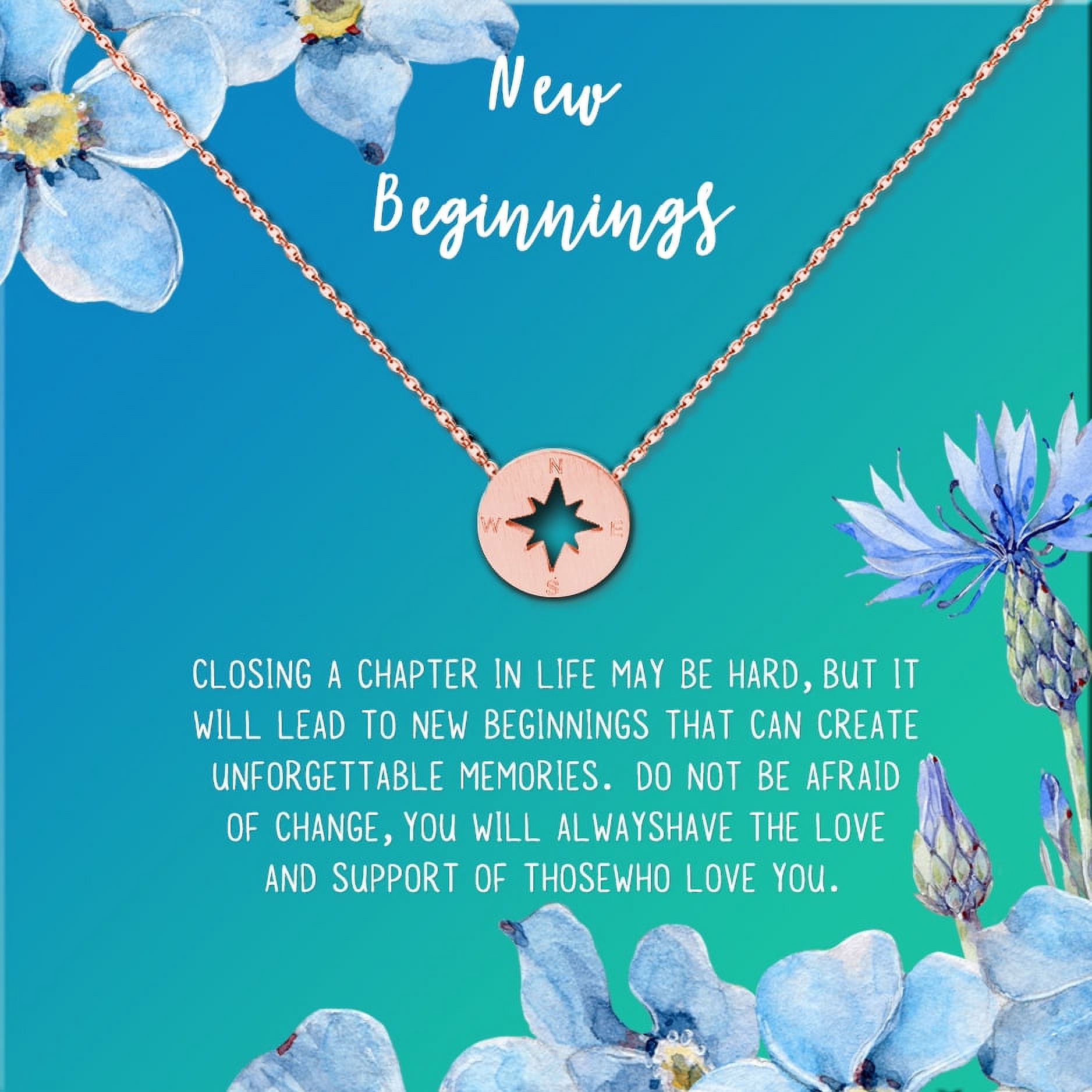 Anavia New Beginnings Gift Card for Her, New Job Gift, New Relationship Gift Card, Cheer up Gift Necklace, Encouragement Gift for Daughter-[Silver Compass, Bright Blue Gift Card]