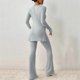 thumbnail image 4 of Chándal de punto de dos piezas para mujer: camiseta de cuello redondo y pantalones anchos, poliéster y spandex, bajo con abertura, conjunto informal a juego, 4 of 5
