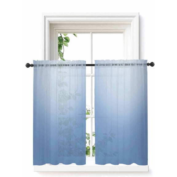 Blue Ombre Curtains 45 Inch Length, Sheer Curtains for Bedroom Living Room Window Modern Minimalist Gradient Aesthetic Rod Pocket Voile Drapes Kitchen Curtains Small Half Window 42"x45" 2 Panels