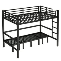 Full over Full size pull-out Metal Bunk Bed, lower bunk can be pulled out in three sections, top bunk equipped with safety rails, black.