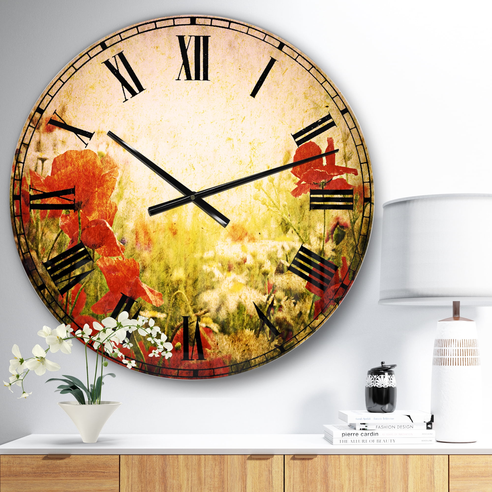 Designart 'Grunge Background with Red Poppies' Traditional wall clock
