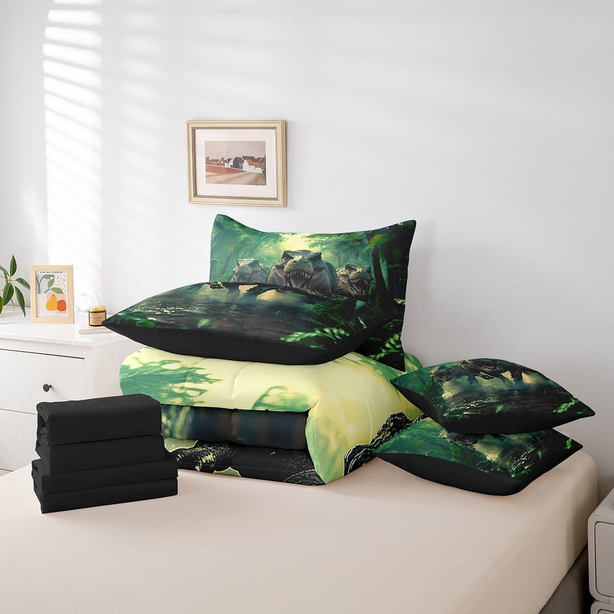 Manfei Cartoon Ancient Dinosaur 7-Piece Bedding Comforter Set,3D Dino Print Jungle Dino King Bedding Sets Wild Animal Bedroom Decor Reversible